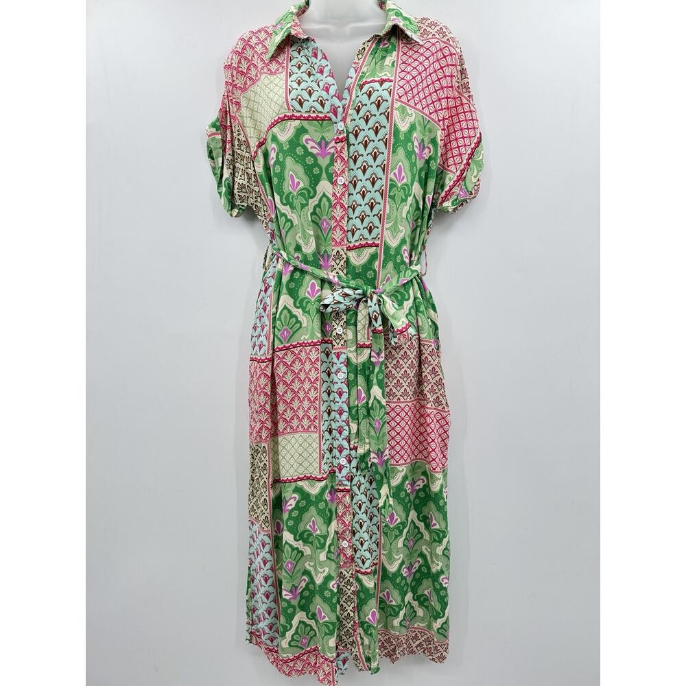 Umgee Patchwork Mixed Print Midi Dress Sz M Pink Green Floral Boho Beachy Artsy - Picture 4 of 15